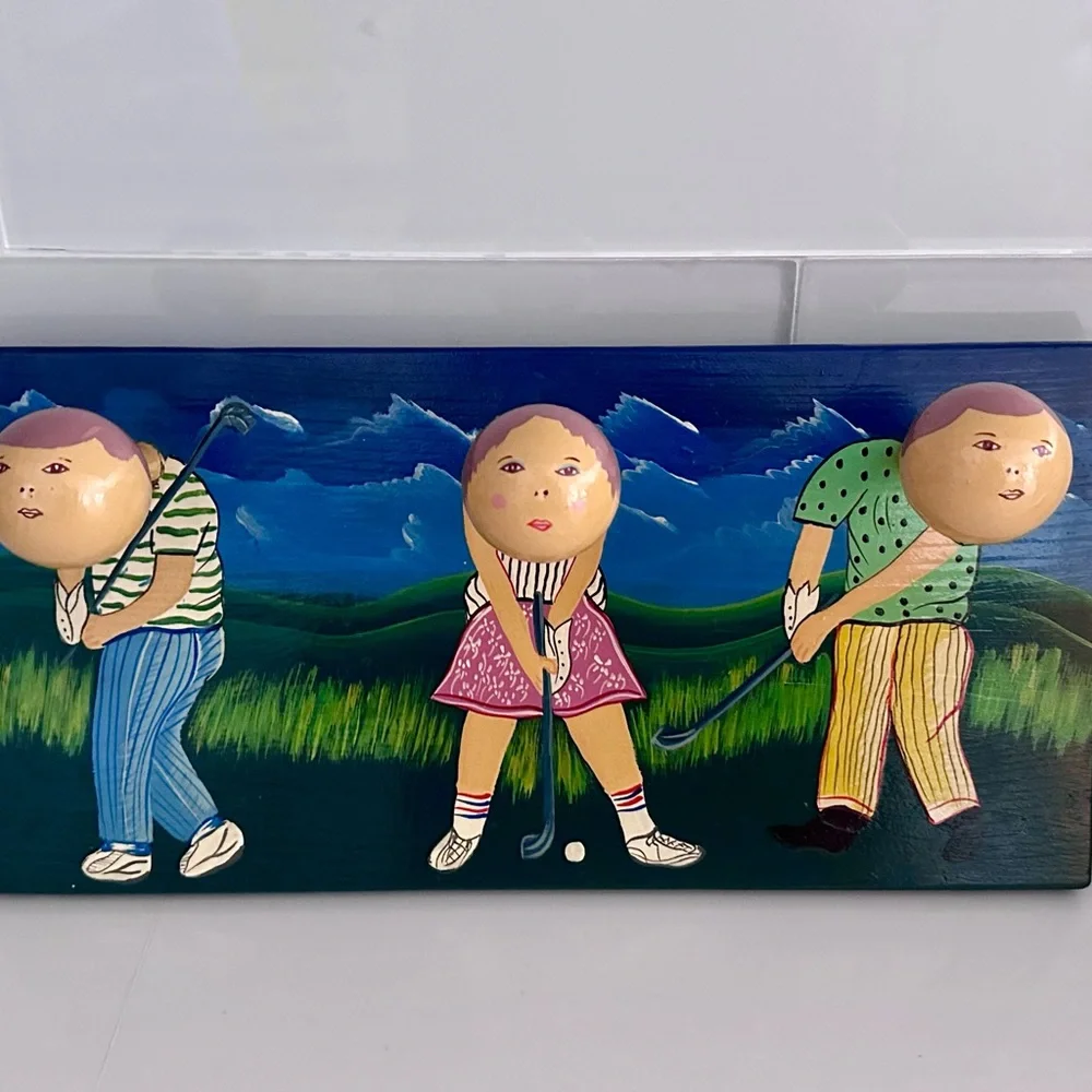 Golf Golfing Ball Wood Plaque Holder Painted HANDMADE FOLK-ART Coat Rack unique